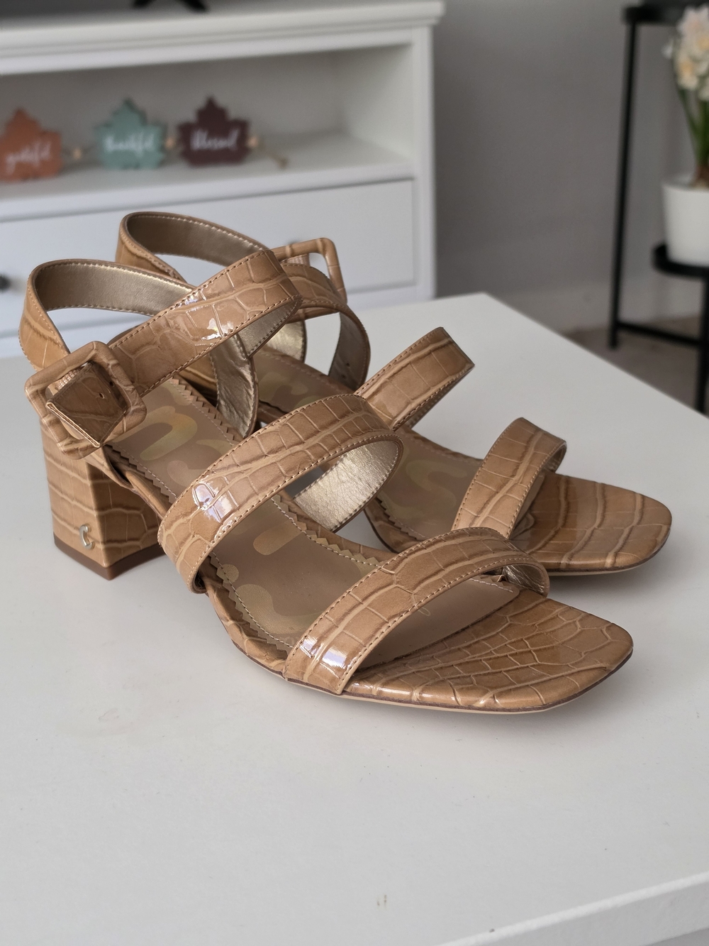 Circus by Sam Edelman Tan Croc-Embossed Block Heel Sandals
